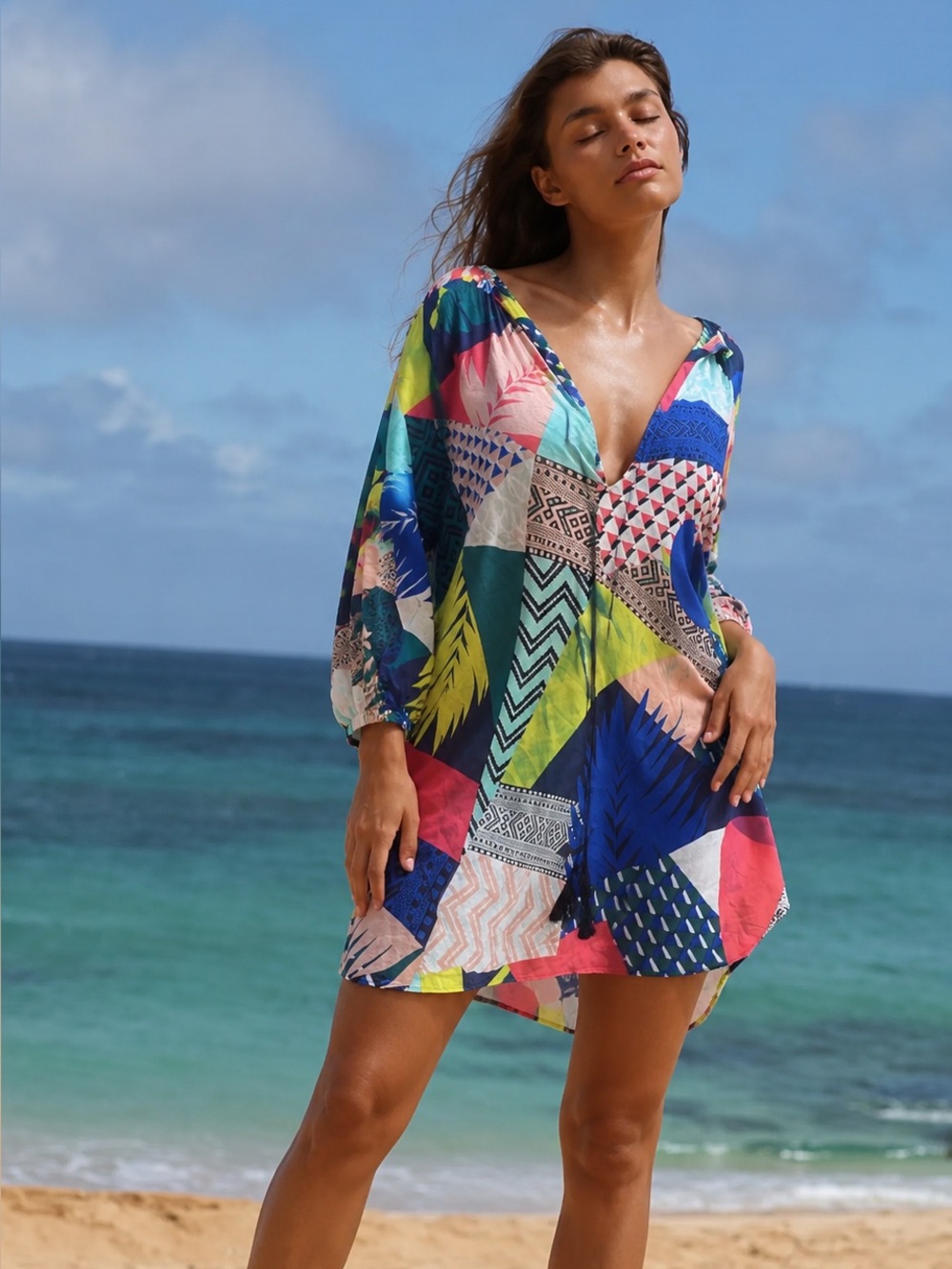 Multicolored Geometric V-Neck Beach Coverup